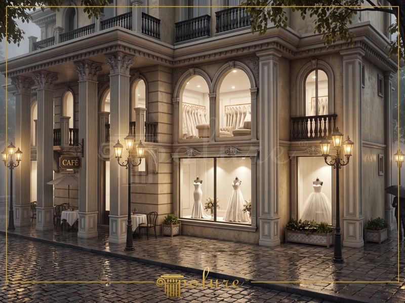 Oblique Photo of Neoclassic Bridal Boutique Facade