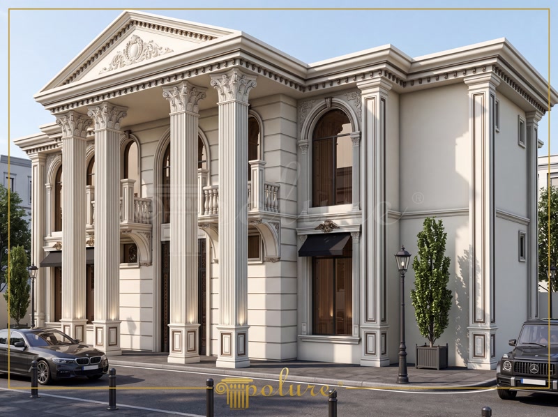 Oblique Photo of White Neoclassic Mansion Facade with Colonnade