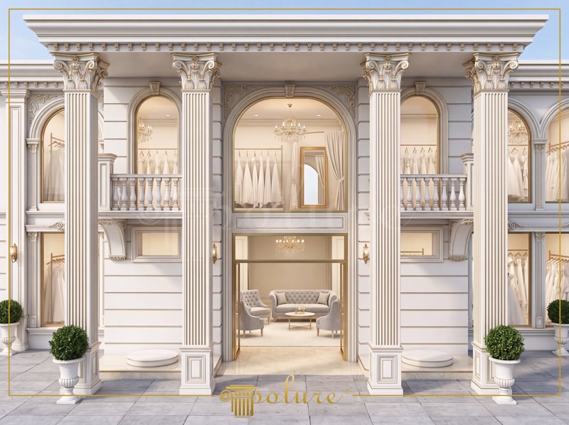 Front View Photo of White Neoclassic Bridal Salon Facade