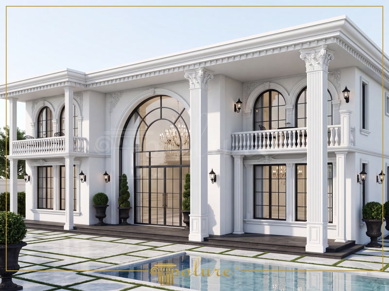 Oblique Photo of White Neoclassic Villa Facade with Pool