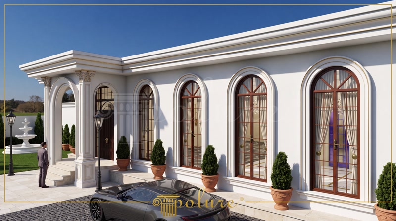 Oblique Photo of White Neoclassic Event Hall Facade with Car
