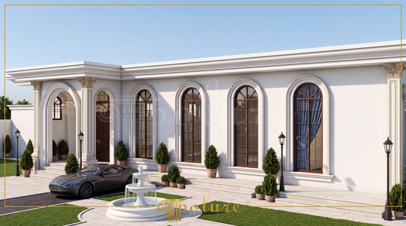 Oblique Photo of White Neoclassic Villa Facade with Fountain