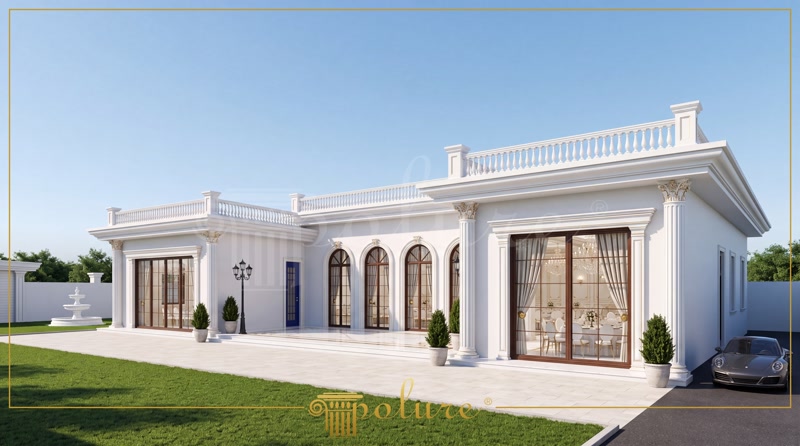 Oblique Photo of Single Story White Villa with Balustrade Roof