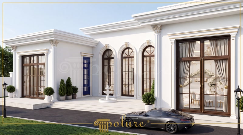 Oblique Photo of White Neoclassic Event Venue Facade with Car