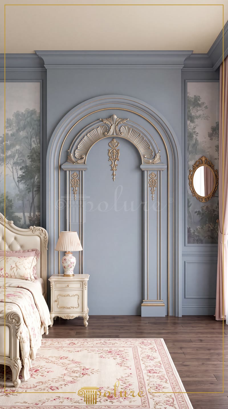 Front View Photo of Powder Blue Wall Alcove Arch with Gold Trim