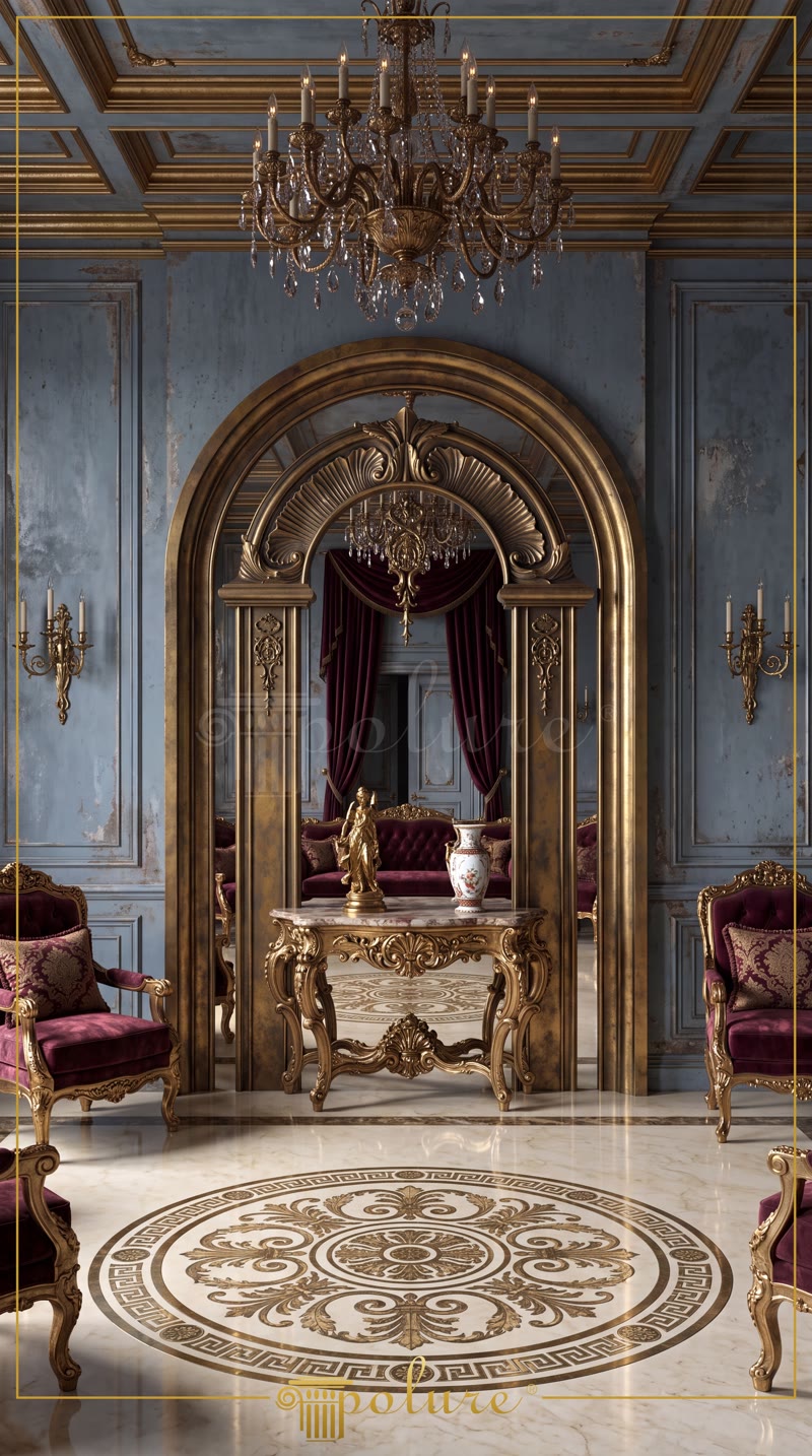 Front View Photo of Distressed Blue Baroque Salon with Gold Arch