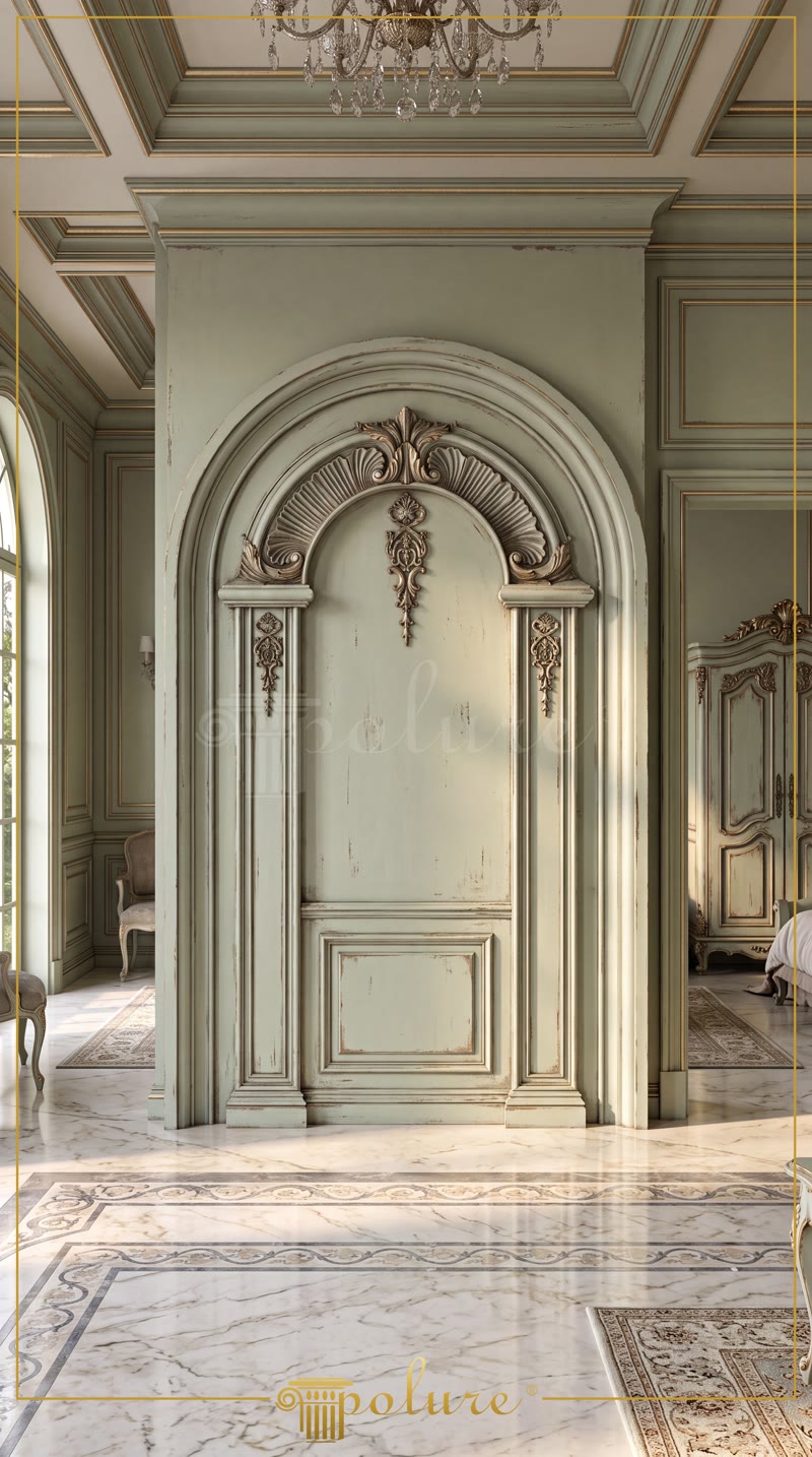 Front View Photo of Distressed Sage Green Wall Arch Alcove
