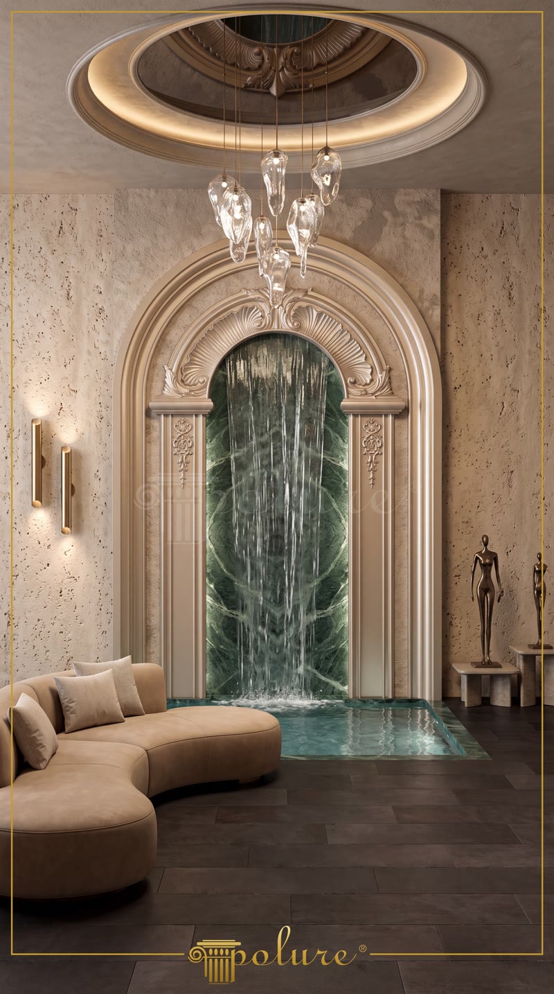 Front View Photo of Modern Travertine Lounge with Waterfall Arch