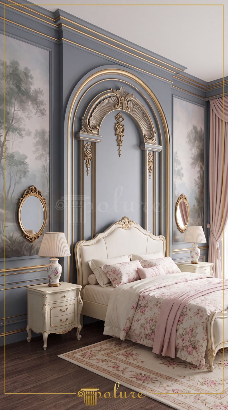 Oblique Photo of Powder Blue Bedroom with Wall Alcove Arch