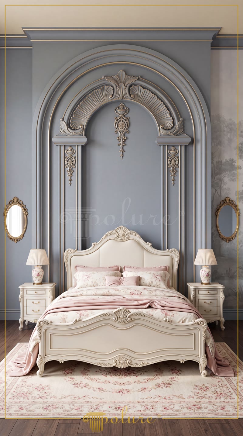 Front View Photo of Slate Blue Bedroom with Wall Alcove Arch
