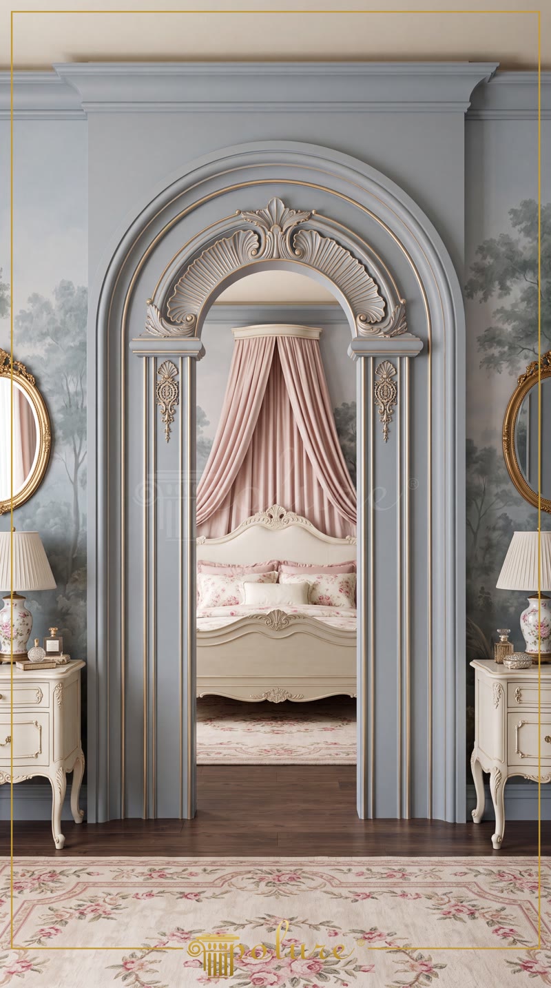 Front View Photo of Powder Blue Arch Portal to Canopy Bedroom