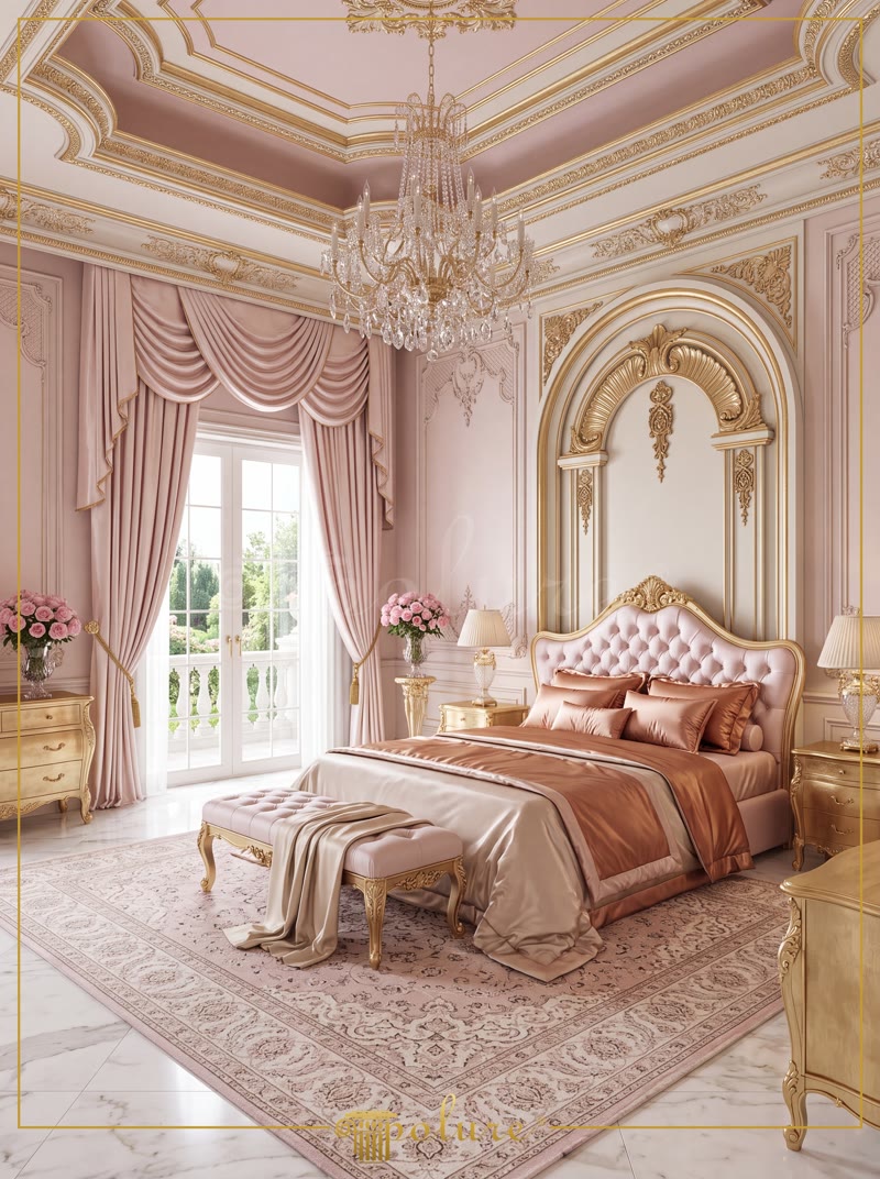 Oblique Photo of Dusty Pink Neoclassic Master Bedroom Suite
