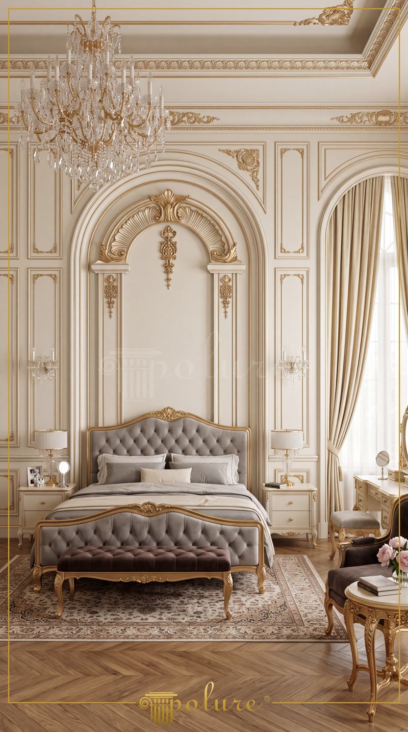 Front View Photo of Beige Neoclassic Bedroom with Wall Arch