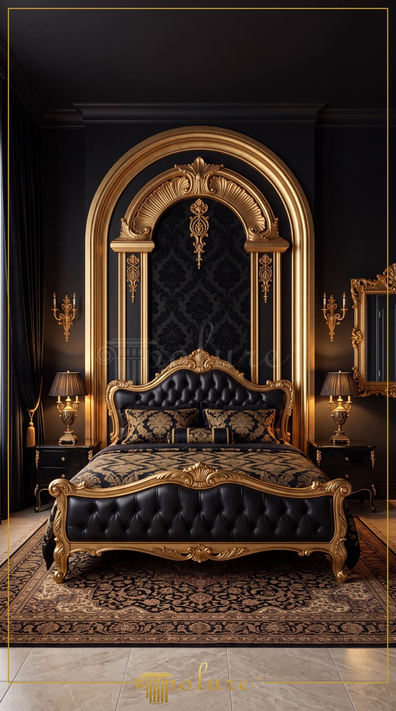 Front View Photo of Matte Black Master Bedroom with Gold Arch