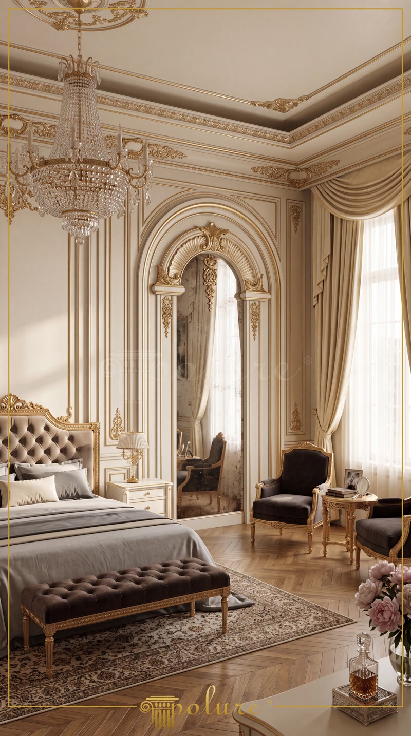 Oblique Photo of Beige Neoclassic Bedroom Suite with Arch Mirror
