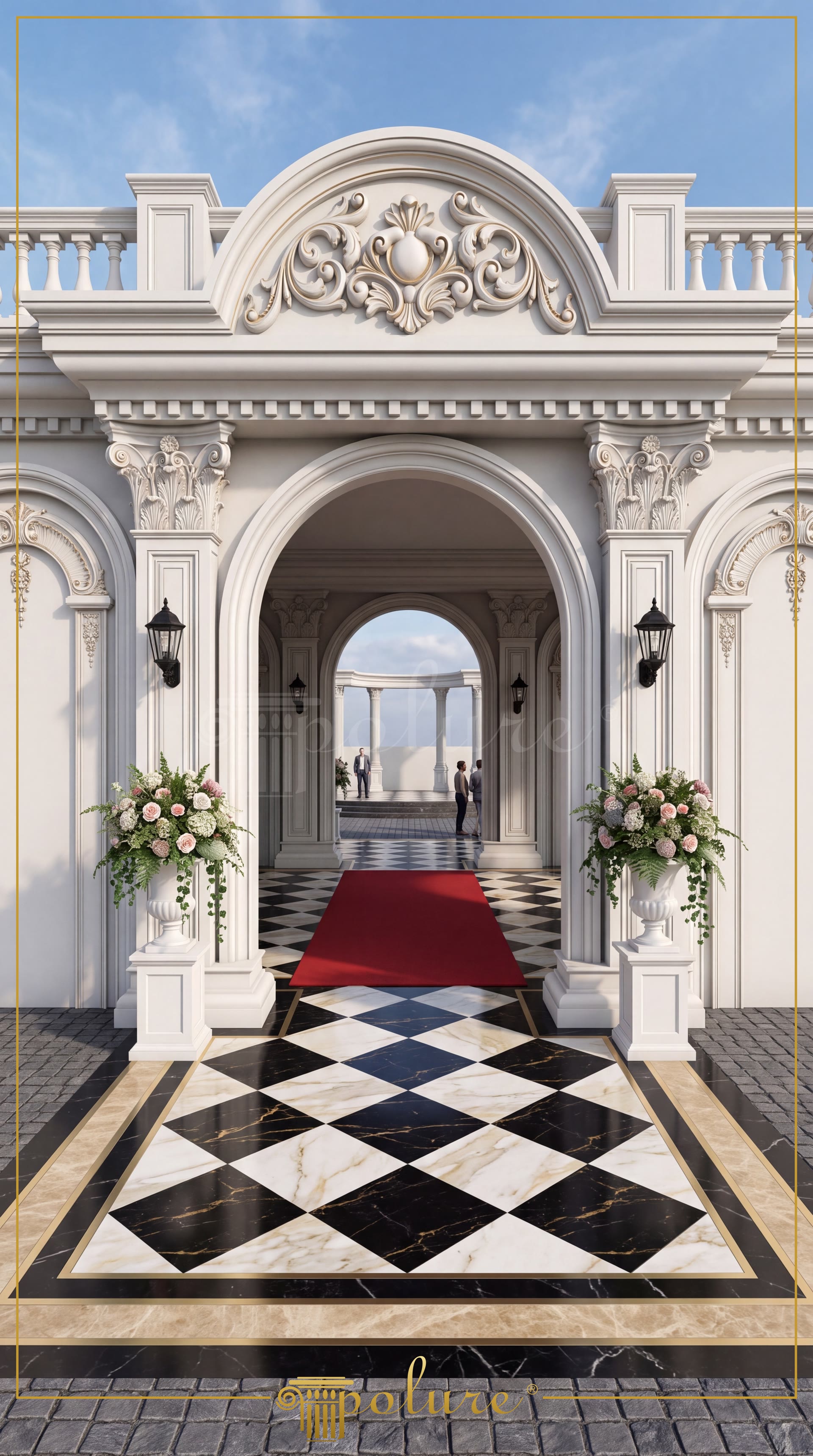 Neo-classical white polyurethane entrance portal with arched mouldings, pilaster columns, pediment crest, and checkerboard floor.