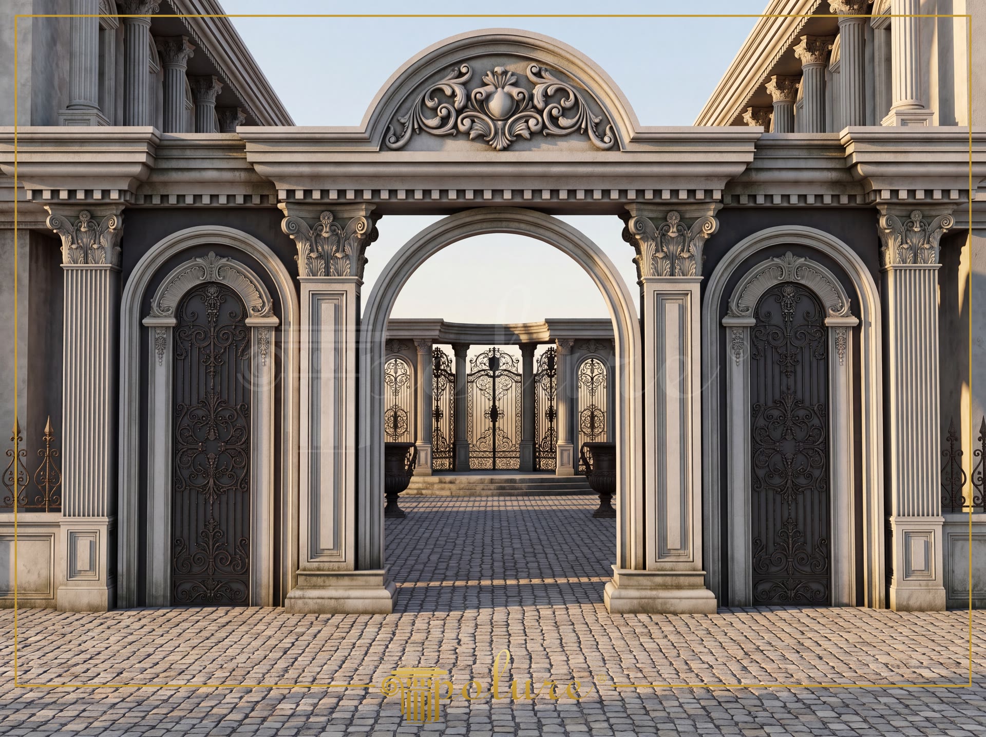 Neo-classical exterior entrance archway with polyurethane pilasters, rounded arch moldings, and carved crest pediment.