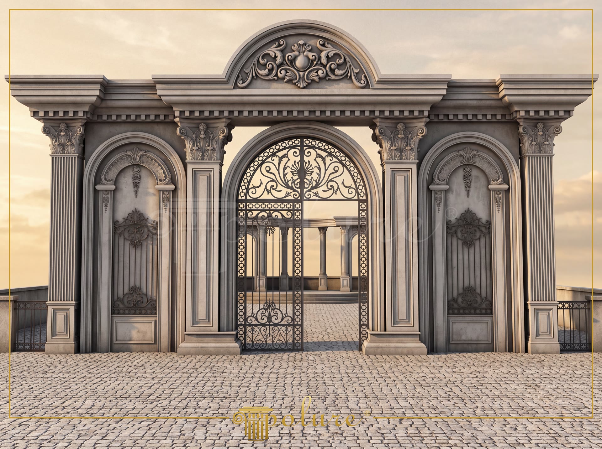 Polyurethane classical exterior entrance portico with arched gate moldings, pilaster columns, and top pediment crowns