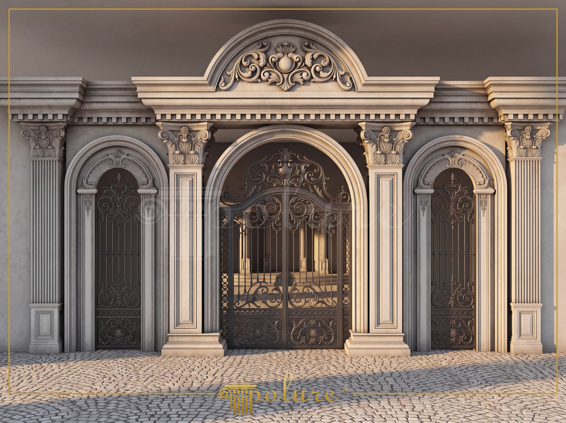 Polyurethane exterior entrance portal design with arched window surrounds, pilaster columns, and ornamental pediment.