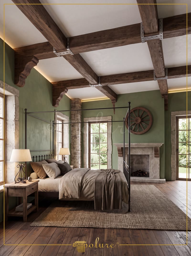 Oblique Photo of Rustic Attic Bedroom with Carved Fireplace