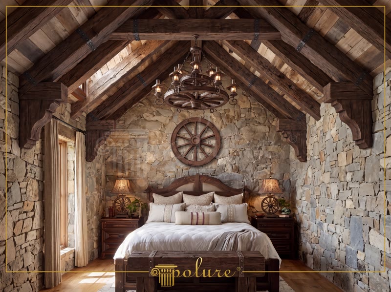 Front View Photo of Rustic Attic Suite with Wooden Chandelier