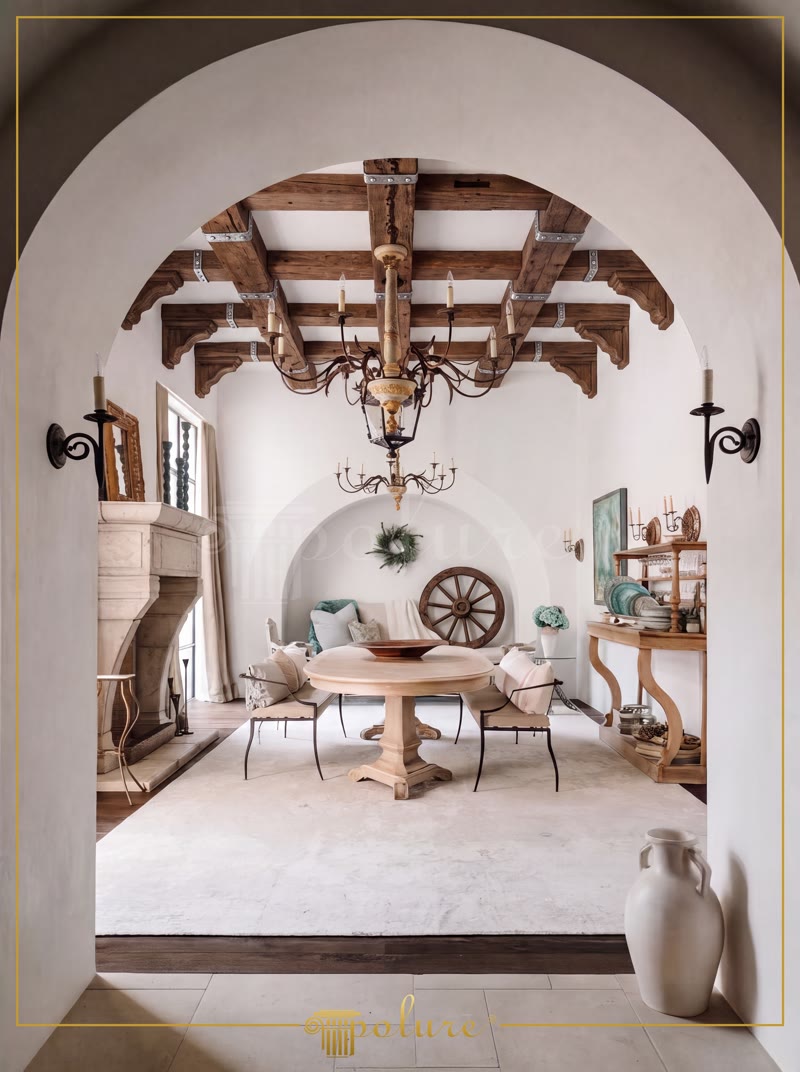 Mediterranean Dining Room with Exposed Timber Beams
