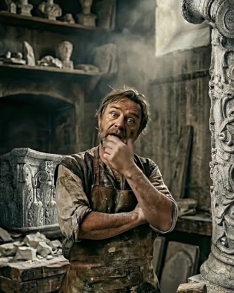 Stone carver studies detailed ornamental pieces on workshop shelf