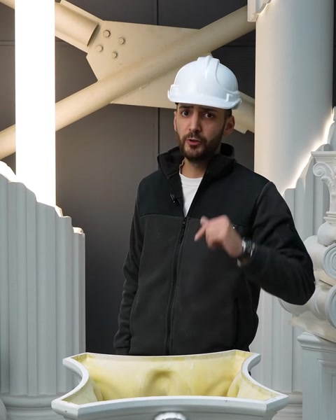 Employee holds flexible polyurethane mold beside factory columns
