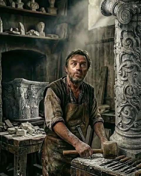 Craftsman hammers chisel shaping stone ornament at workbench