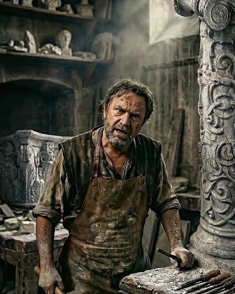 Carver stands near shelves stacked with carved stone ornaments
