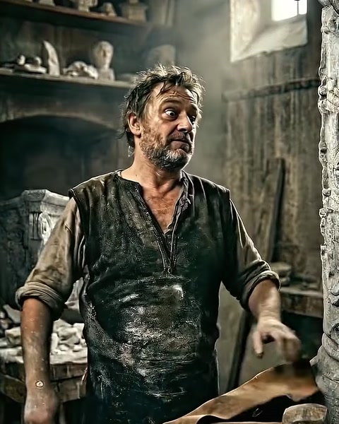 Stone carver stands amid dusty workshop gesturing while speaking
