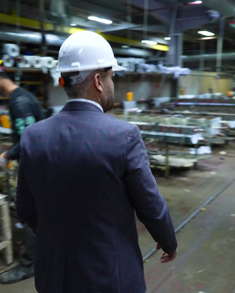 Un gerente recorre la planta de producción de una fábrica de perfiles de poliuretano