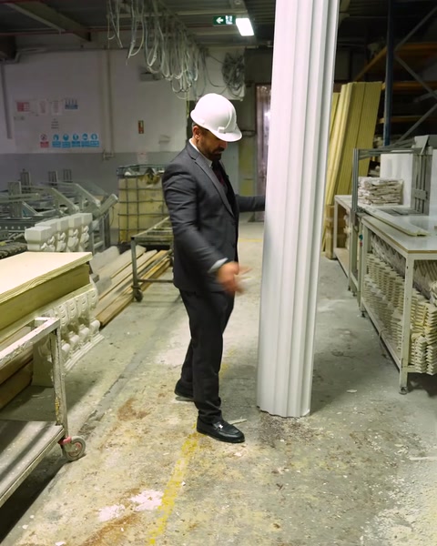 Un gerente está junto a una alta columna decorativa de poliuretano terminada