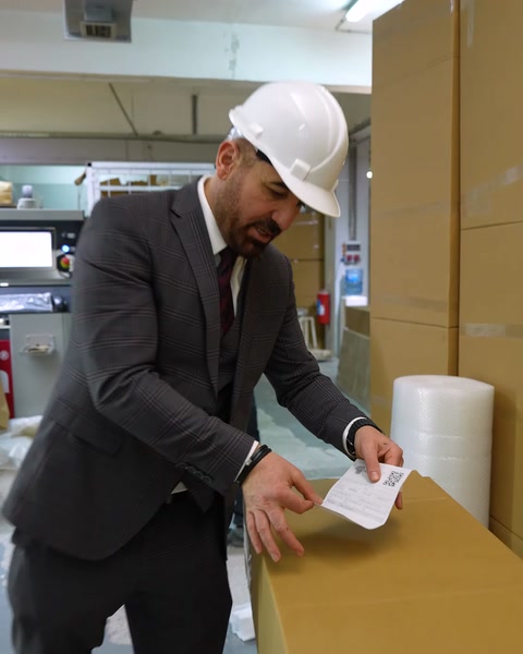 Un gerente pega una etiqueta de embalaje en una caja de producto de poliuretano
