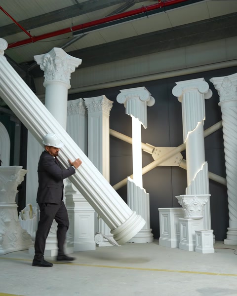 Columnas de poliuretano terminadas exhibidas en la sala de exposición de la fábrica