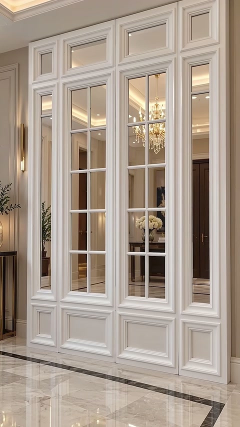 Instalované panely inspirované okny rámují zrcadlově uspořádané otvory v elegantním interiéru