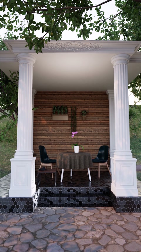 Porche de jardin encadré par deux colonnes et une entablature classique