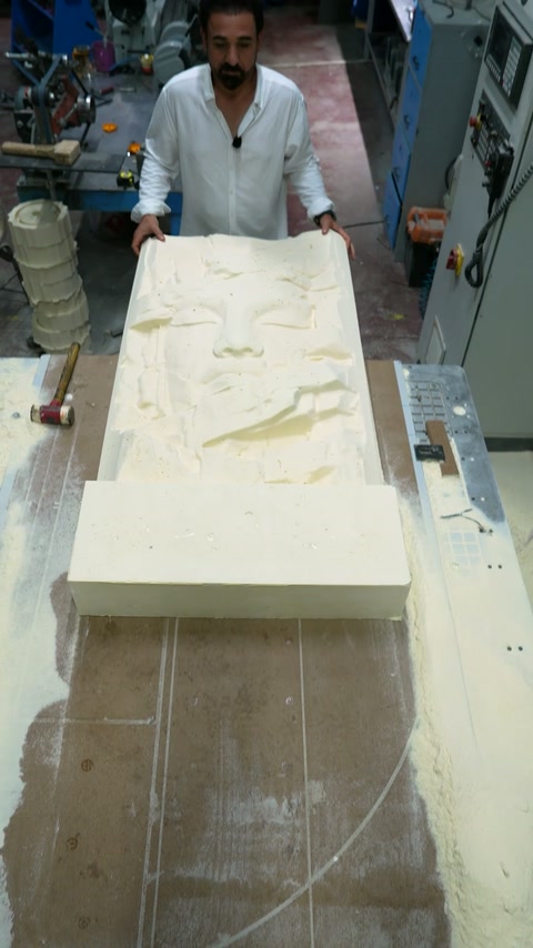 Un technicien d'atelier prépare un grand moule de relief décoratif pour la production