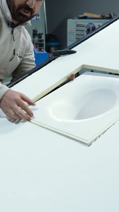 Un ouvrier découpe un composant façonné dans une feuille de production blanche