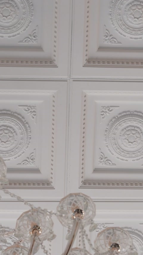 Les panneaux de plafond décorativement moulés combinent des bordures moulées, des rosaces et des ornements d'angle