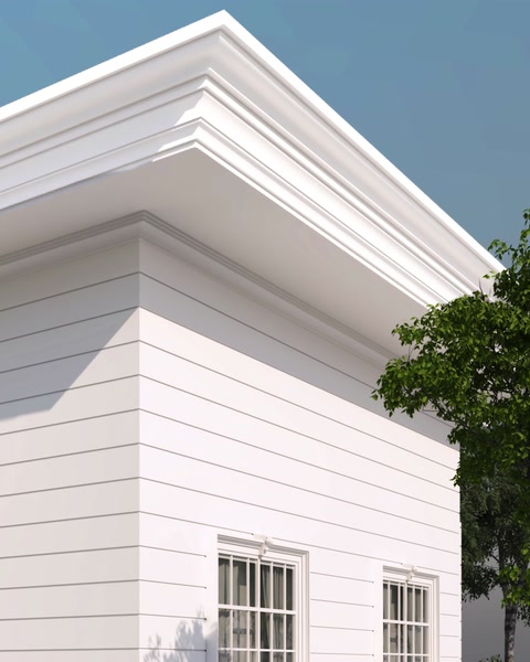 3D vykreslení detailu rohového spoje střešní lišty.