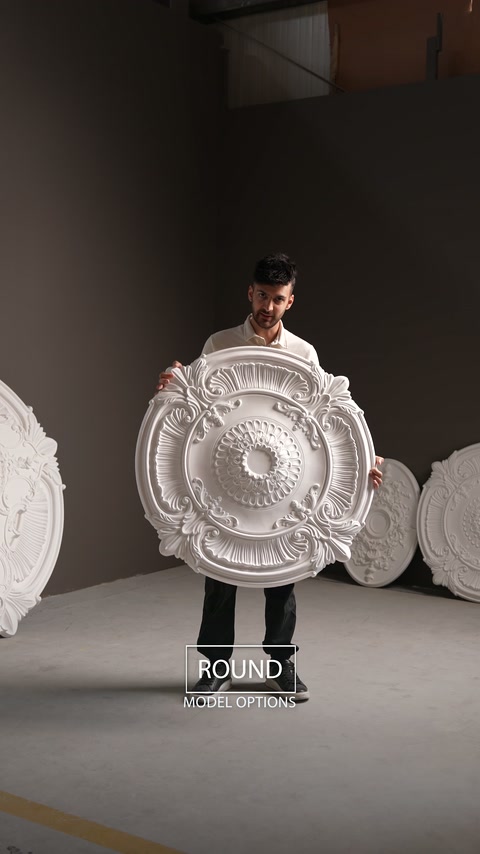 La vue de face met en valeur le relief profond d’un médaillon de plafond rond.