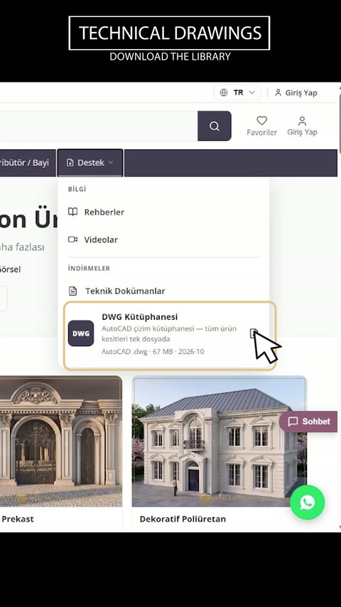 La page d’assistance présente la section de la bibliothèque de dessins techniques téléchargeables.
