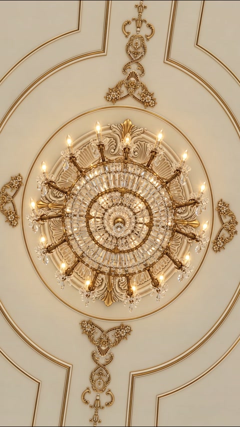 Ein reich verziertes rundes Deckenmedaillon umrahmt einen großen Kristallkronleuchter