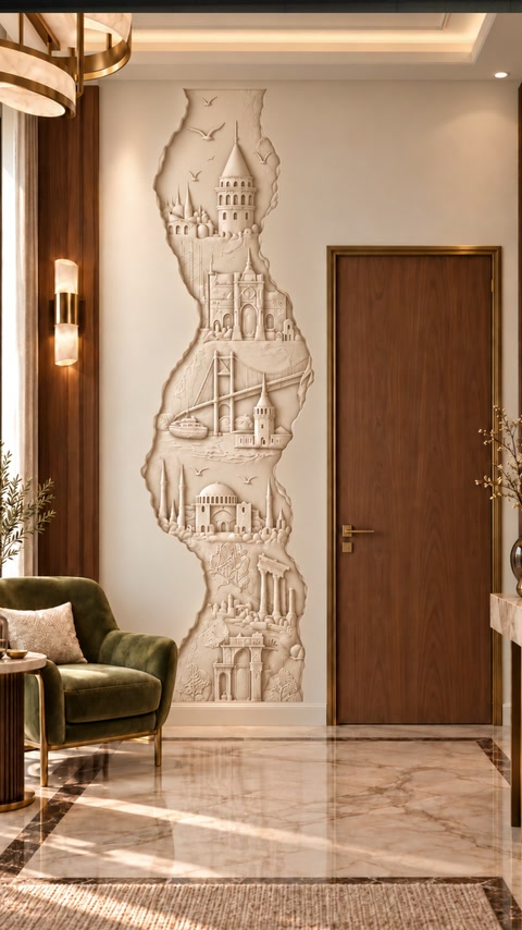 Le relief installé encadre une porte intérieure avec des monuments sculptés d’Istanbul