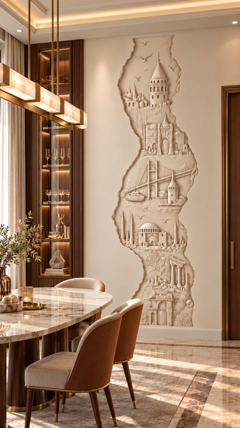 Le relief mural crée un élément architectural vertical à côté du mobilier de salle à manger