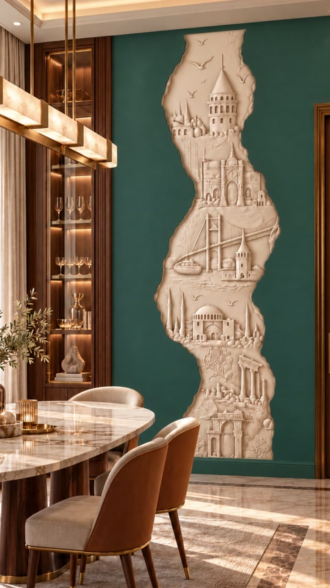 Le relief d’Istanbul est monté sur un mur vert foncé contrastant
