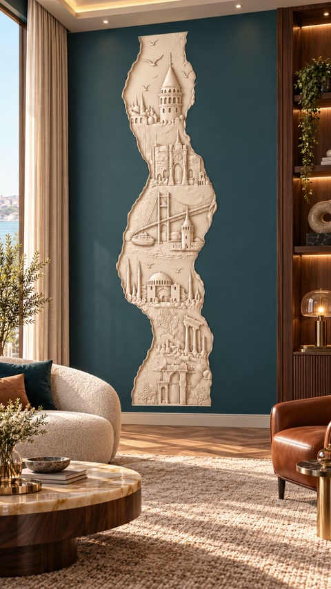 Le relief urbain vertical achevé devient le point focal d’un salon