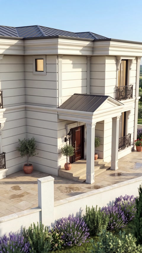 Rendu de la façade de la villa avec corniches, pilastres et détails de l'entrée