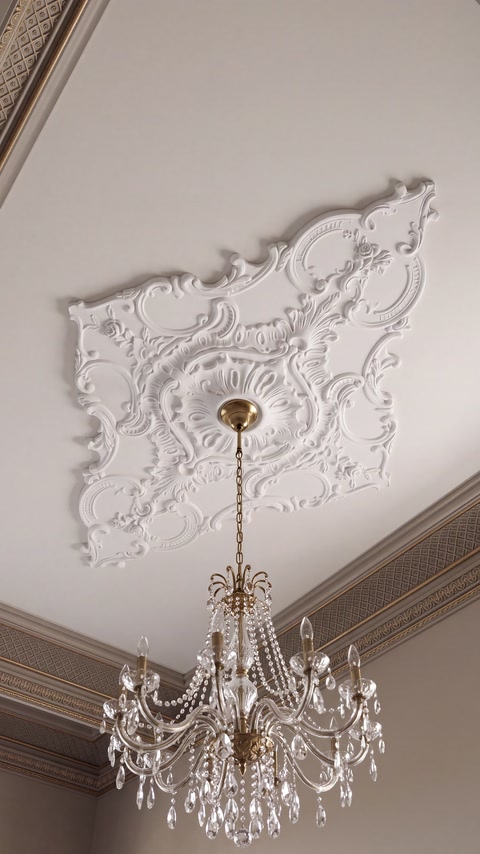 Médaillon de plafond orné installé au-dessus d’un lustre en cristal dans une pièce